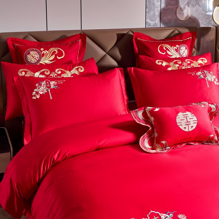 91家纺网 家纺一手货源 找家纺 慕她家纺 2026慕她大花工艺款全棉纯棉婚庆四件套大红色刺绣结婚床上用品 喜嫁