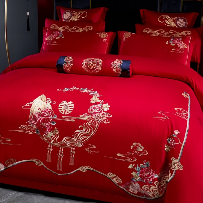 91家纺网 家纺一手货源 找家纺 慕她家纺 2026慕她大花工艺款全棉纯棉婚庆四件套大红色刺绣结婚床上用品 喜韵江山