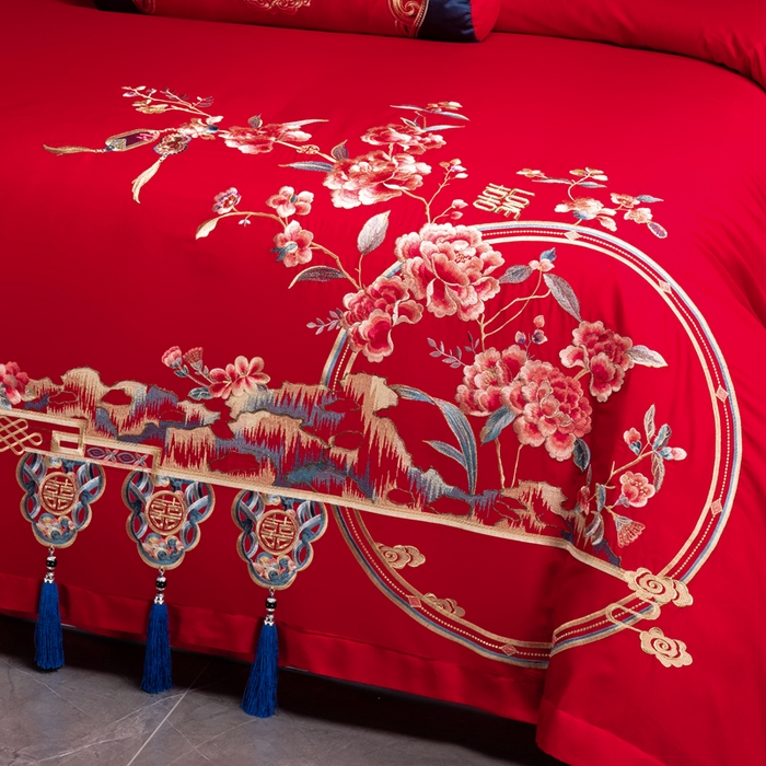 91家纺网 家纺一手货源 找家纺 慕她家纺 2026慕她大花工艺款全棉纯棉婚庆四件套大红色刺绣结婚床上用品 繁花似锦