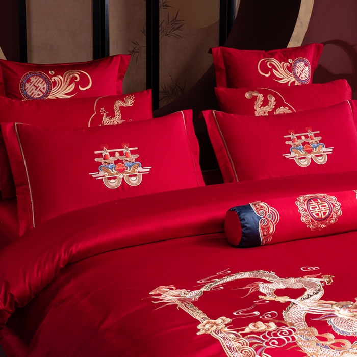 91家纺网 家纺一手货源 找家纺 慕她家纺 2026慕她大花工艺款全棉纯棉婚庆四件套大红色刺绣结婚床上用品 名门龙凤