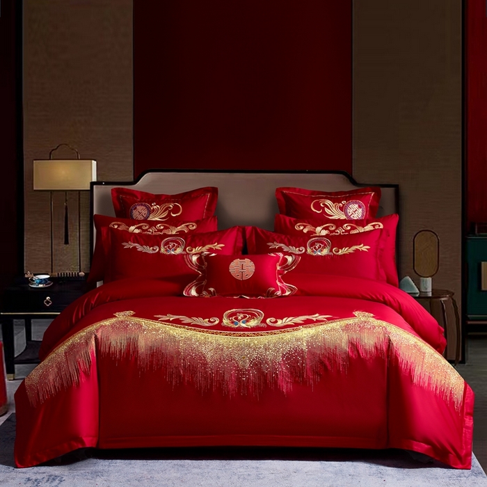 91家纺网 家纺一手货源 找家纺 慕她家纺 2026慕她大花工艺款全棉纯棉婚庆四件套大红色刺绣结婚床上用品 天赐良缘