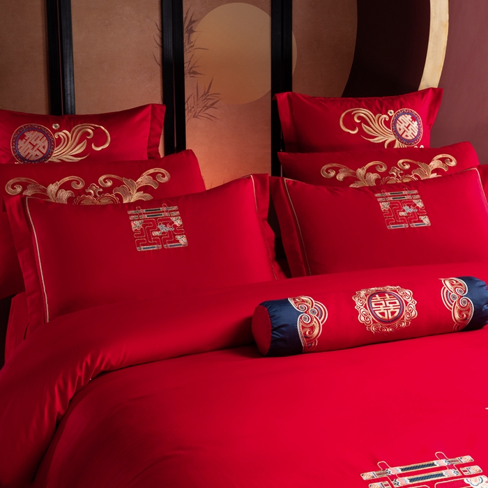 91家纺网 家纺一手货源 找家纺 慕她家纺 2026慕她大花工艺款全棉纯棉婚庆四件套大红色刺绣结婚床上用品 繁花似锦