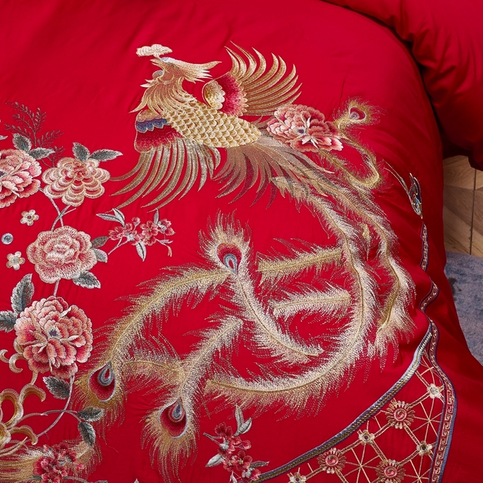 91家纺网 家纺一手货源 找家纺 慕她家纺 2026慕她大花工艺款全棉纯棉婚庆四件套大红色刺绣结婚床上用品 凤冠霞帔