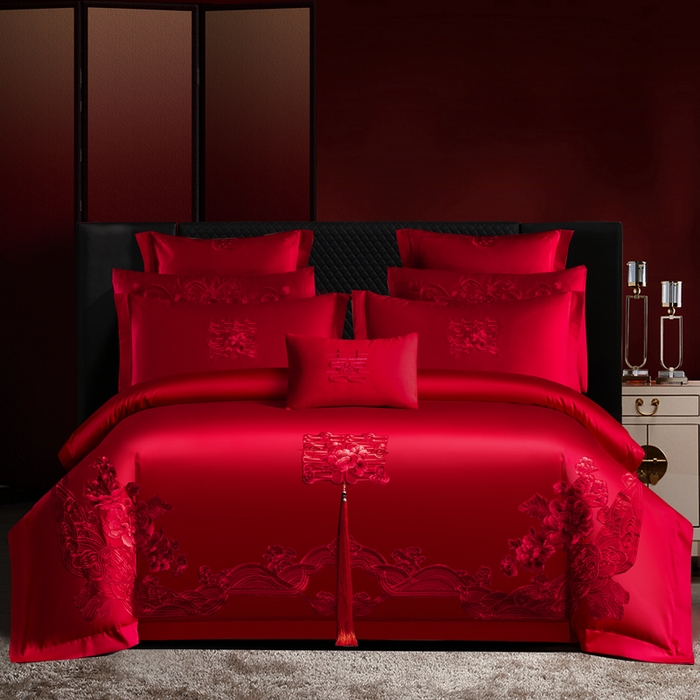 慕她家纺 2026慕她大花工艺款全棉纯棉婚庆四件套大红色刺绣结婚床上用品 恋曲牡丹