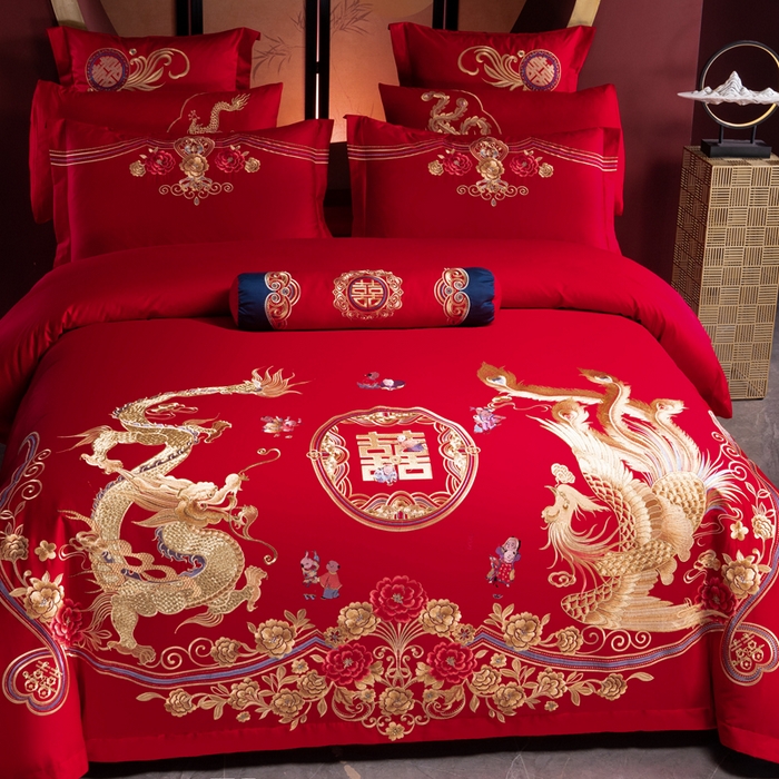 91家纺网 家纺一手货源 找家纺 慕她家纺 2026慕她大花工艺款全棉纯棉婚庆四件套大红色刺绣结婚床上用品 眷恋龙凤