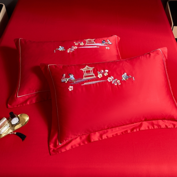 91家纺网 家纺一手货源 找家纺 慕她家纺 2026慕她大花工艺款全棉纯棉婚庆四件套大红色刺绣结婚床上用品 龙凤送子