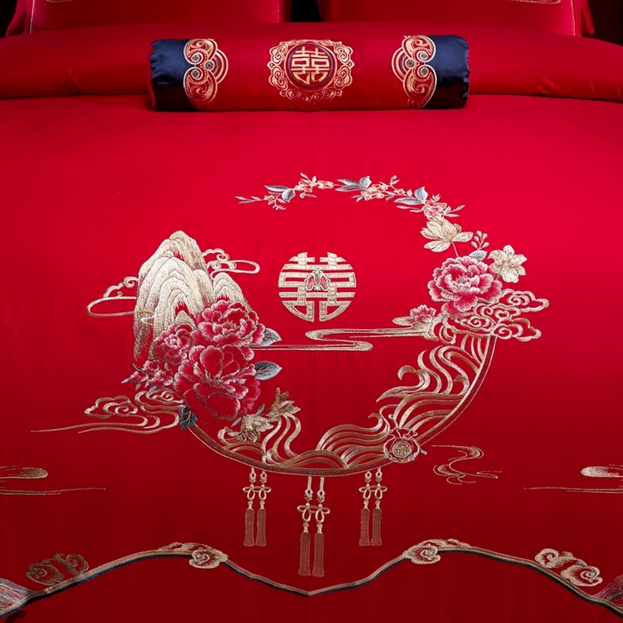 91家纺网 家纺一手货源 找家纺 慕她家纺 2026慕她大花工艺款全棉纯棉婚庆四件套大红色刺绣结婚床上用品 喜韵江山