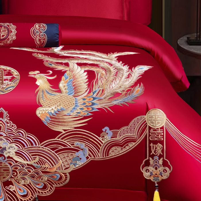 91家纺网 家纺一手货源 找家纺 慕她家纺 2026慕她大花工艺款全棉纯棉婚庆四件套大红色刺绣结婚床上用品 天生一对