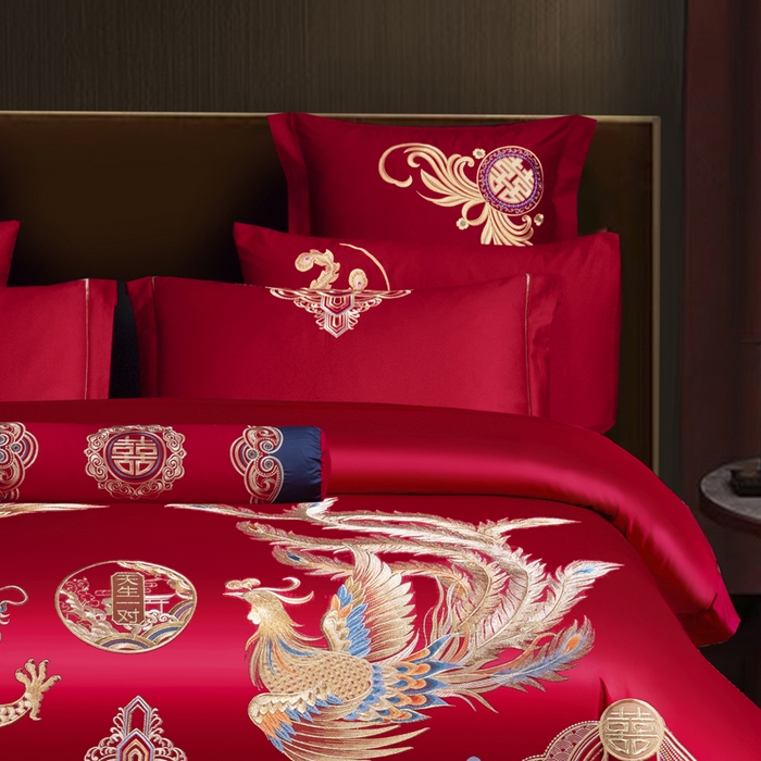 91家纺网 家纺一手货源 找家纺 慕她家纺 2026慕她大花工艺款全棉纯棉婚庆四件套大红色刺绣结婚床上用品 天生一对