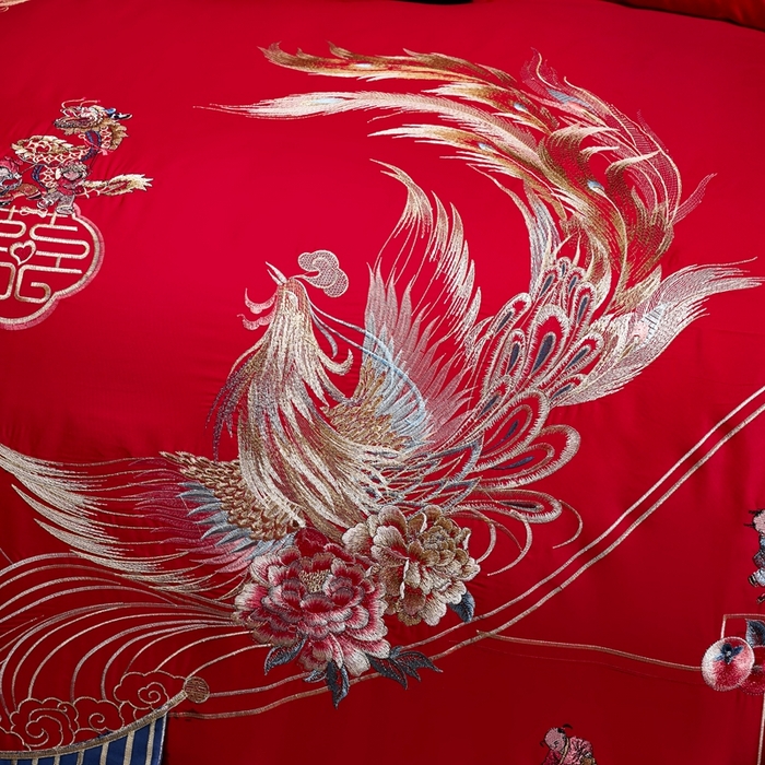 91家纺网 家纺一手货源 找家纺 慕她家纺 2026慕她大花工艺款全棉纯棉婚庆四件套大红色刺绣结婚床上用品 挚爱龙凤