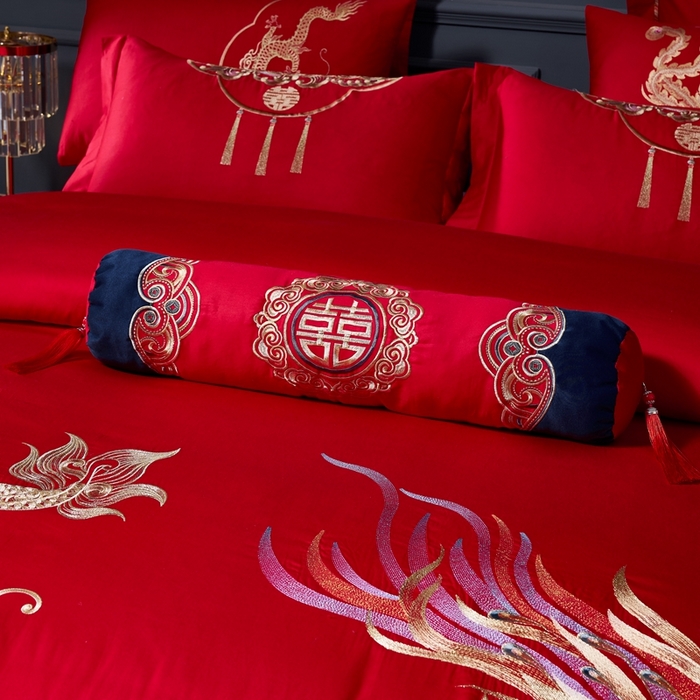 91家纺网 家纺一手货源 找家纺 慕她家纺 2026慕她大花工艺款全棉纯棉婚庆四件套大红色刺绣结婚床上用品 福喜龙凤