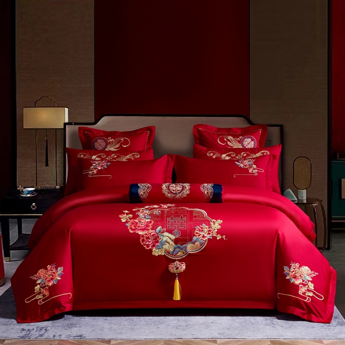 91家纺网 家纺一手货源 找家纺 慕她家纺 2026慕她大花工艺款全棉纯棉婚庆四件套大红色刺绣结婚床上用品 双喜临门