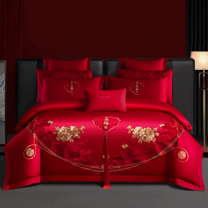 慕她家纺 2026慕她大花工艺款全棉纯棉婚庆四件套大红色刺绣结婚床上用品 恩爱情深