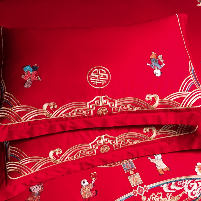 91家纺网 家纺一手货源 找家纺 慕她家纺 2026慕她大花工艺款全棉纯棉婚庆四件套大红色刺绣结婚床上用品 百子江山