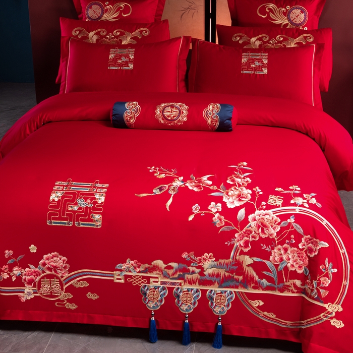 91家纺网 家纺一手货源 找家纺 慕她家纺 2026慕她大花工艺款全棉纯棉婚庆四件套大红色刺绣结婚床上用品 繁花似锦