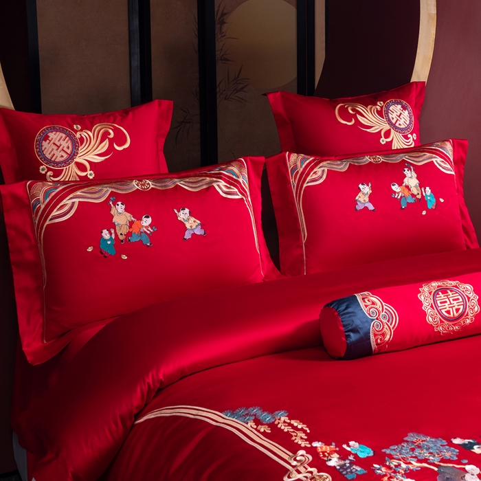 91家纺网 家纺一手货源 找家纺 慕她家纺 2026慕她大花工艺款全棉纯棉婚庆四件套大红色刺绣结婚床上用品 百子贺喜
