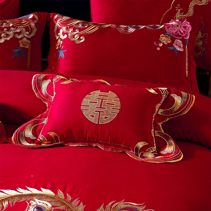 91家纺网 家纺一手货源 找家纺 慕她家纺 2026慕她大花工艺款全棉纯棉婚庆四件套大红色刺绣结婚床上用品 龙凤呈祥