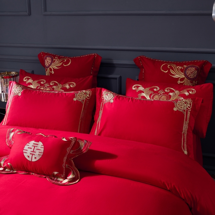91家纺网 家纺一手货源 找家纺 慕她家纺 2026慕她大花工艺款全棉纯棉婚庆四件套大红色刺绣结婚床上用品 缔结良缘 金