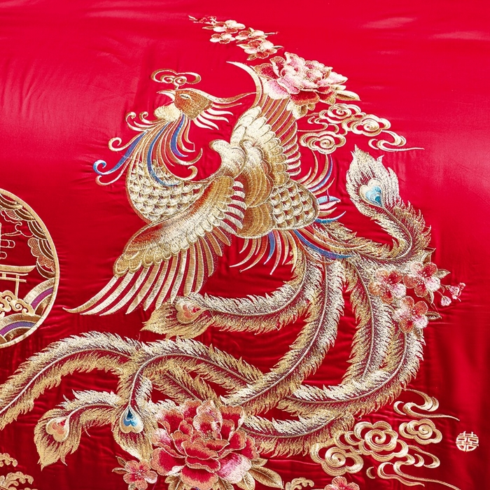 91家纺网 家纺一手货源 找家纺 慕她家纺 2026慕她大花工艺款全棉纯棉婚庆四件套大红色刺绣结婚床上用品 佳偶天成