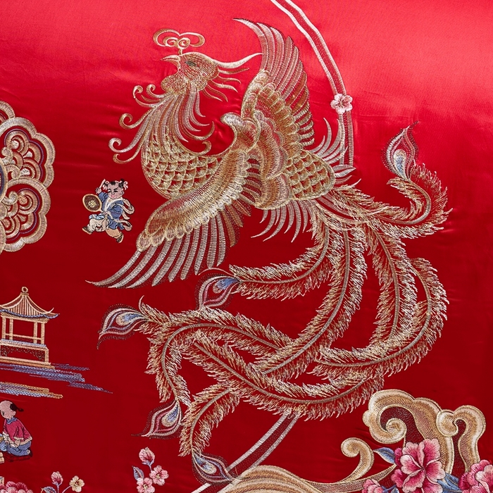 91家纺网 家纺一手货源 找家纺 慕她家纺 2026慕她大花工艺款全棉纯棉婚庆四件套大红色刺绣结婚床上用品 龙凤送子