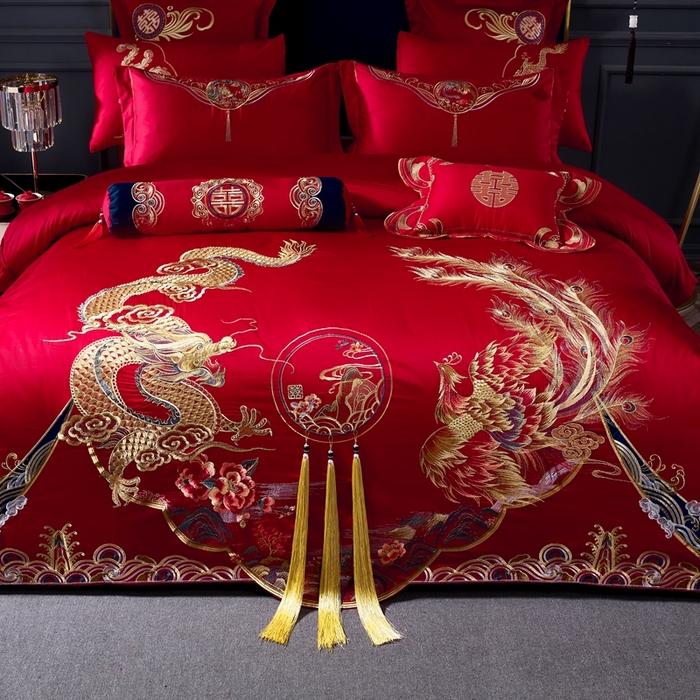 91家纺网 家纺一手货源 找家纺 慕她家纺 2026慕她大花工艺款全棉纯棉婚庆四件套大红色刺绣结婚床上用品 甜蜜龙凤