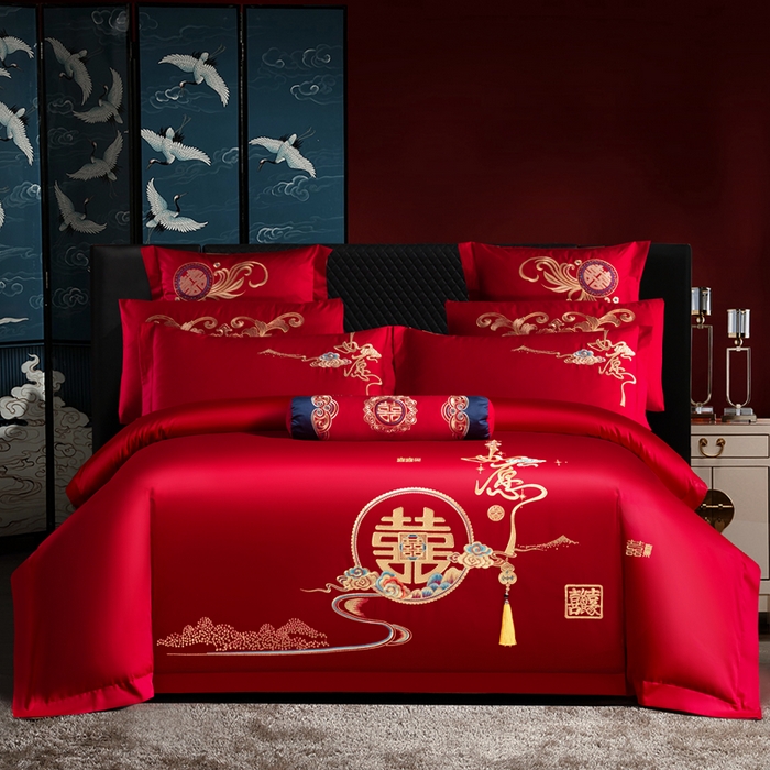 慕她家纺 2026慕她大花工艺款全棉纯棉婚庆四件套大红色刺绣结婚床上用品 如愿