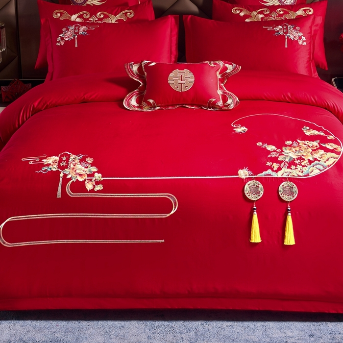 91家纺网 家纺一手货源 找家纺 慕她家纺 2026慕她大花工艺款全棉纯棉婚庆四件套大红色刺绣结婚床上用品 喜嫁