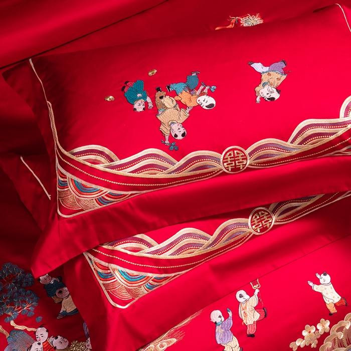 91家纺网 家纺一手货源 找家纺 慕她家纺 2026慕她大花工艺款全棉纯棉婚庆四件套大红色刺绣结婚床上用品 百子贺喜