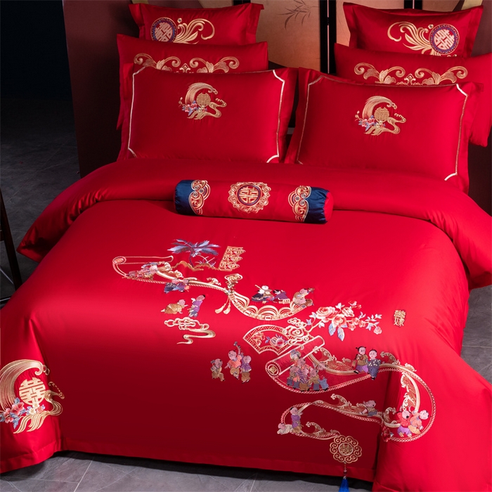 91家纺网 家纺一手货源 找家纺 慕她家纺 2026慕她大花工艺款全棉纯棉婚庆四件套大红色刺绣结婚床上用品 百子登科