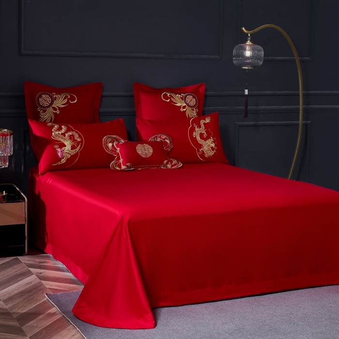 91家纺网 家纺一手货源 找家纺 慕她家纺 2026慕她大花工艺款全棉纯棉婚庆四件套大红色刺绣结婚床上用品 龙凤呈祥