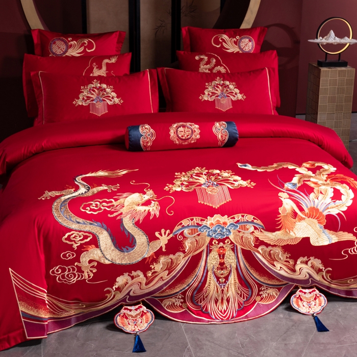 91家纺网 家纺一手货源 找家纺 慕她家纺 2026慕她大花工艺款全棉纯棉婚庆四件套大红色刺绣结婚床上用品 至尊龙凤