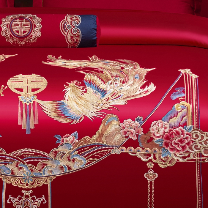 91家纺网 家纺一手货源 找家纺 慕她家纺 2026慕她大花工艺款全棉纯棉婚庆四件套大红色刺绣结婚床上用品 吉祥龙凤