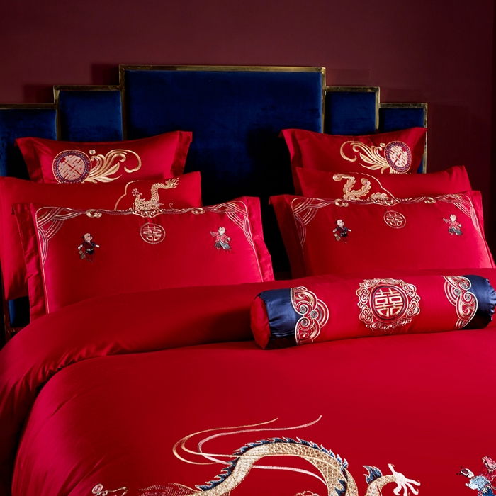 91家纺网 家纺一手货源 找家纺 慕她家纺 2026慕她大花工艺款全棉纯棉婚庆四件套大红色刺绣结婚床上用品 子孙满堂