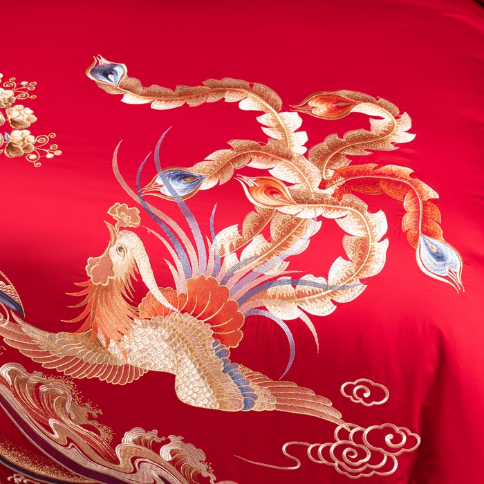 91家纺网 家纺一手货源 找家纺 慕她家纺 2026慕她大花工艺款全棉纯棉婚庆四件套大红色刺绣结婚床上用品 至尊龙凤