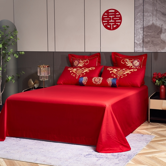 91家纺网 家纺一手货源 找家纺 慕她家纺 2026慕她大花工艺款全棉纯棉婚庆四件套大红色刺绣结婚床上用品 龙凤送子