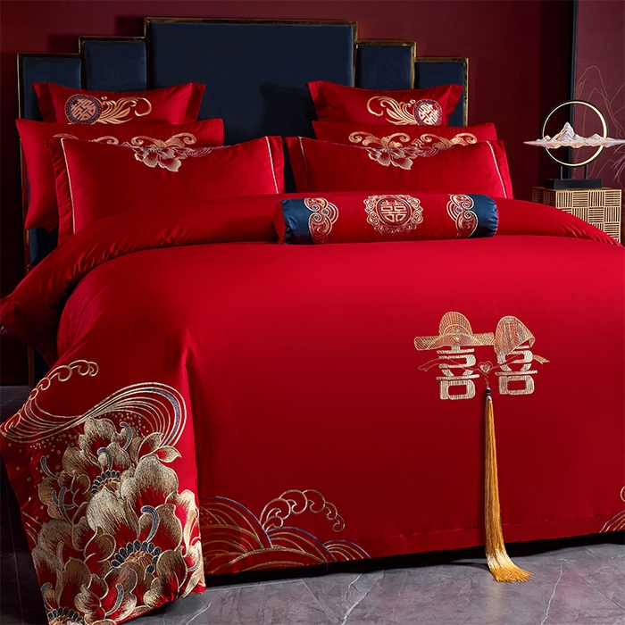 91家纺网 家纺一手货源 找家纺 慕她家纺 2026慕她大花工艺款全棉纯棉婚庆四件套大红色刺绣结婚床上用品 花开志喜