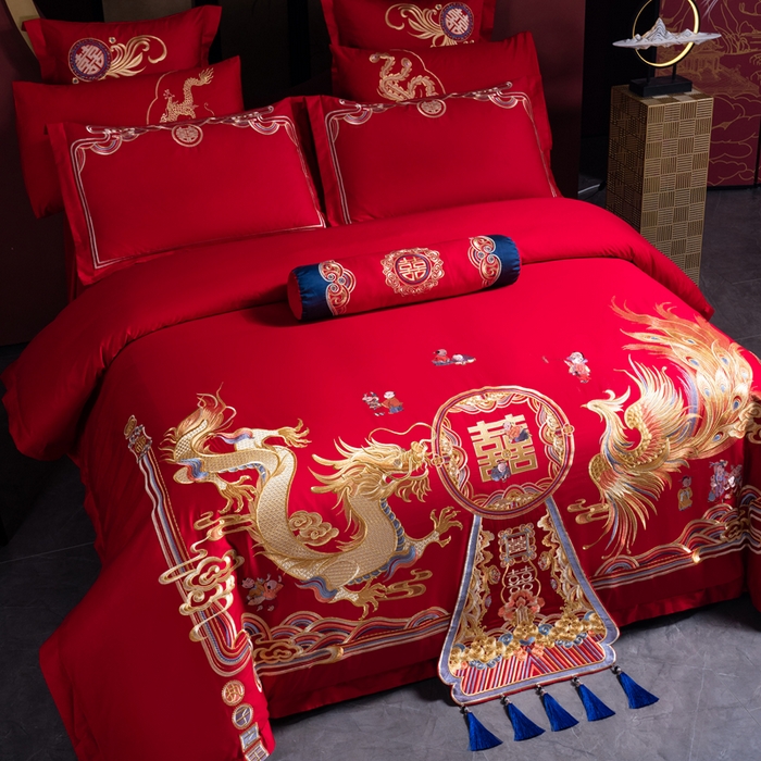 91家纺网 家纺一手货源 找家纺 慕她家纺 2026慕她大花工艺款全棉纯棉婚庆四件套大红色刺绣结婚床上用品 执手龙凤