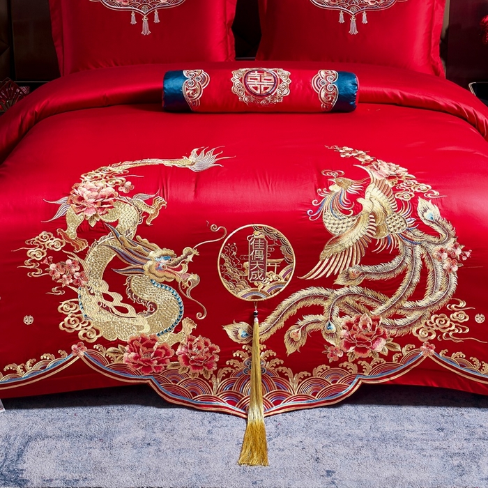 91家纺网 家纺一手货源 找家纺 慕她家纺 2026慕她大花工艺款全棉纯棉婚庆四件套大红色刺绣结婚床上用品 佳偶天成