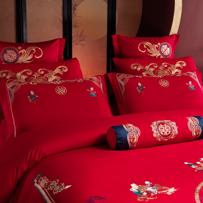 91家纺网 家纺一手货源 找家纺 慕她家纺 2026慕她大花工艺款全棉纯棉婚庆四件套大红色刺绣结婚床上用品 百子江山