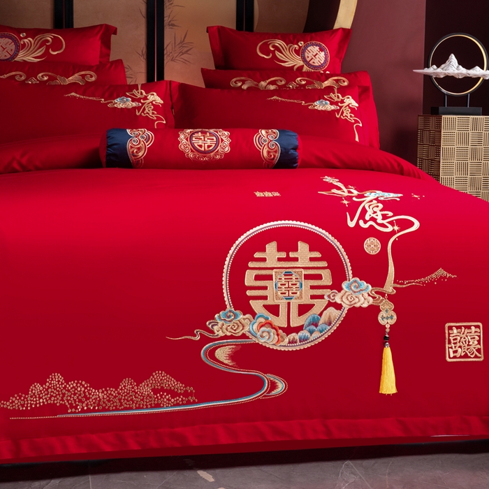 91家纺网 家纺一手货源 找家纺 慕她家纺 2026慕她大花工艺款全棉纯棉婚庆四件套大红色刺绣结婚床上用品 如愿