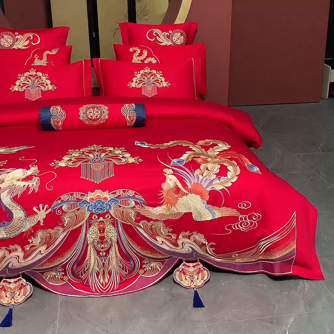91家纺网 家纺一手货源 找家纺 慕她家纺 2026慕她大花工艺款全棉纯棉婚庆四件套大红色刺绣结婚床上用品 至尊龙凤