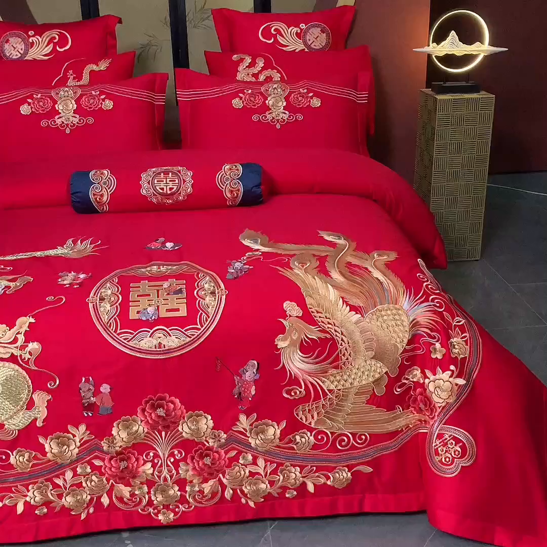 91家纺网 家纺一手货源 找家纺 慕她家纺 2026慕她大花工艺款全棉纯棉婚庆四件套大红色刺绣结婚床上用品 眷恋龙凤
