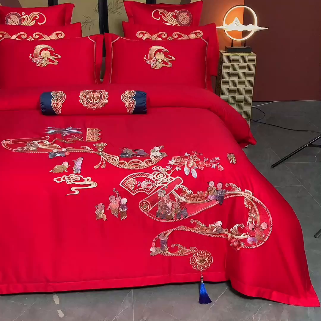 91家纺网 家纺一手货源 找家纺 慕她家纺 2026慕她大花工艺款全棉纯棉婚庆四件套大红色刺绣结婚床上用品 百子登科