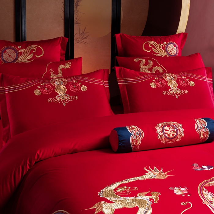 91家纺网 家纺一手货源 找家纺 慕她家纺 2026慕她大花工艺款全棉纯棉婚庆四件套大红色刺绣结婚床上用品 眷恋龙凤