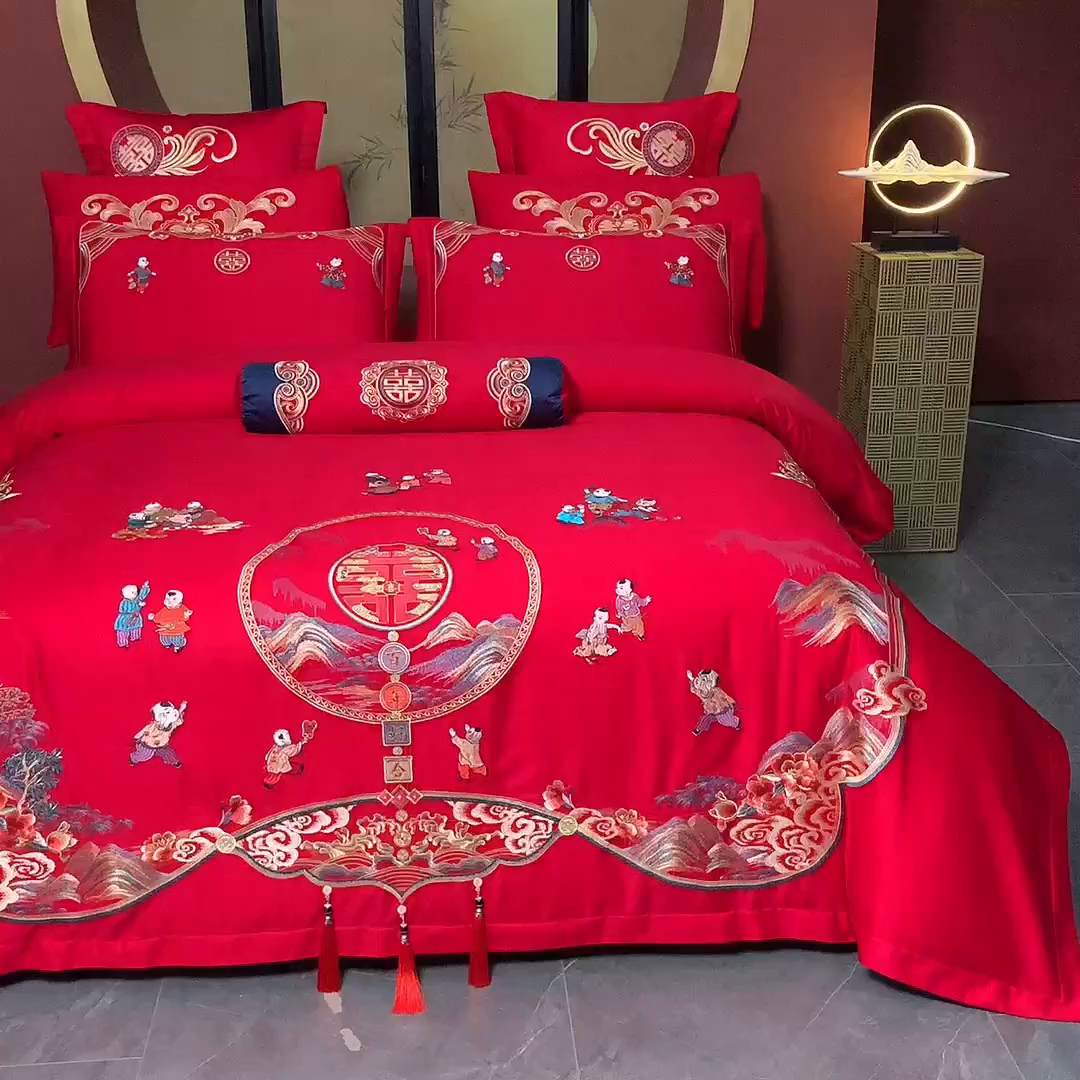 91家纺网 家纺一手货源 找家纺 慕她家纺 2026慕她大花工艺款全棉纯棉婚庆四件套大红色刺绣结婚床上用品 百子江山