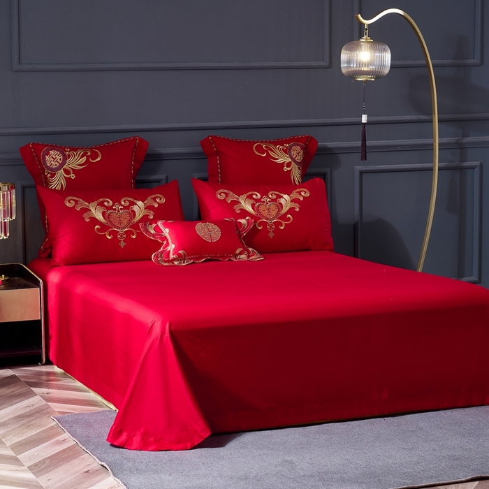 91家纺网 家纺一手货源 找家纺 慕她家纺 2026慕她大花工艺款全棉纯棉婚庆四件套大红色刺绣结婚床上用品 缔结良缘 金