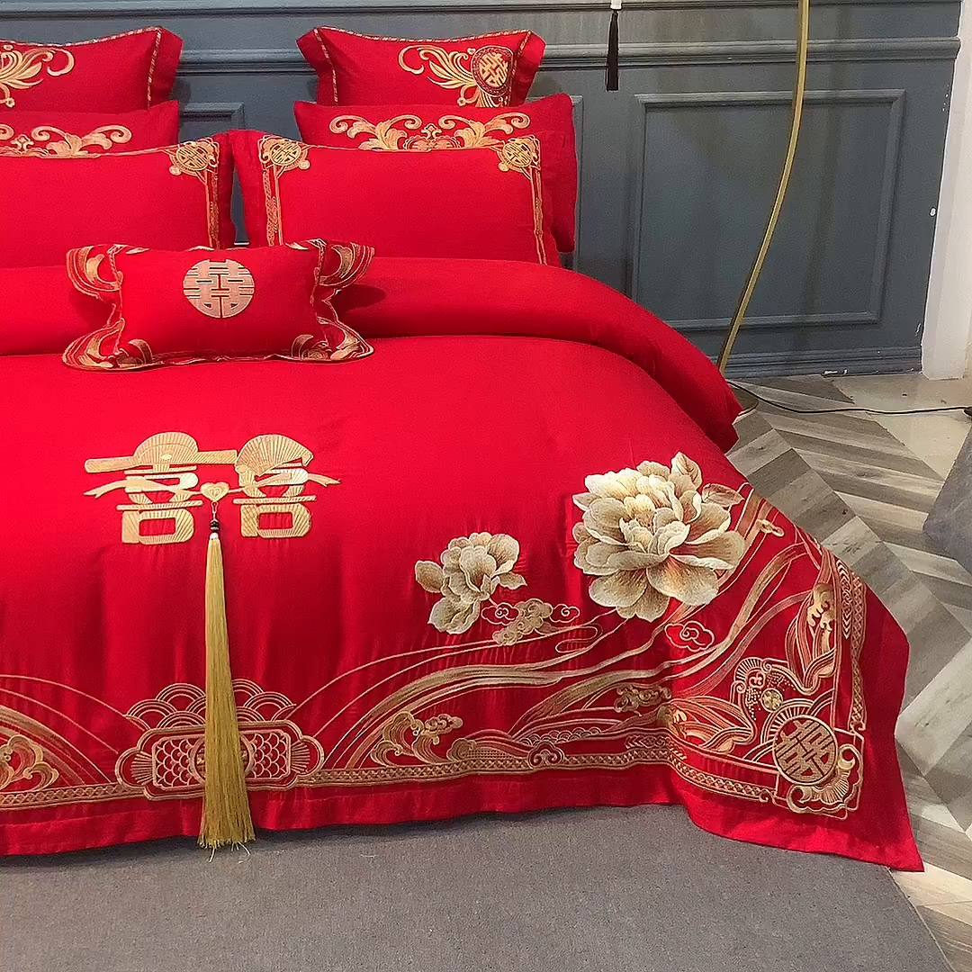 91家纺网 家纺一手货源 找家纺 慕她家纺 2026慕她大花工艺款全棉纯棉婚庆四件套大红色刺绣结婚床上用品 缔结良缘 金