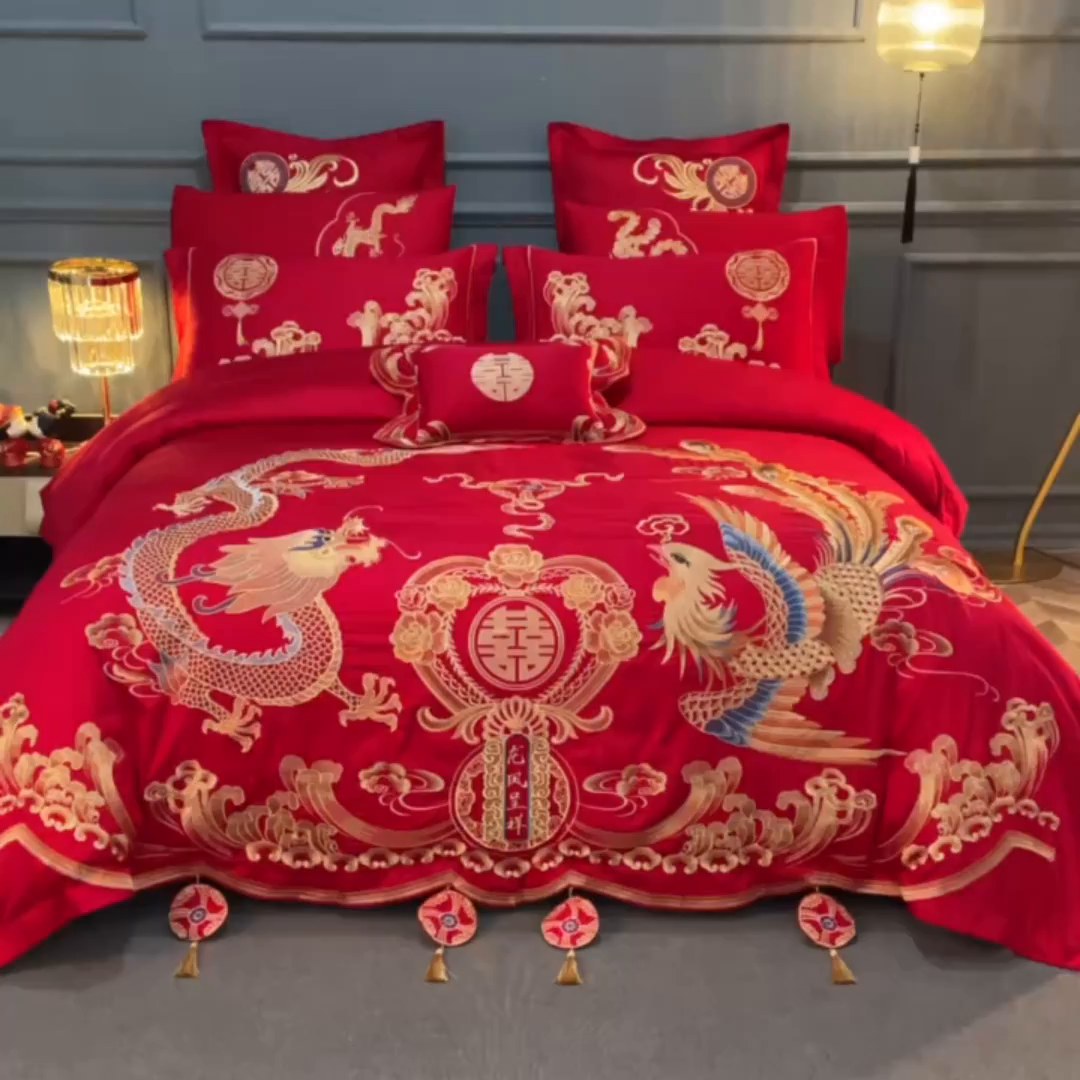 91家纺网 家纺一手货源 找家纺 慕她家纺 2026慕她大花工艺款全棉纯棉婚庆四件套大红色刺绣结婚床上用品 龙凤呈祥