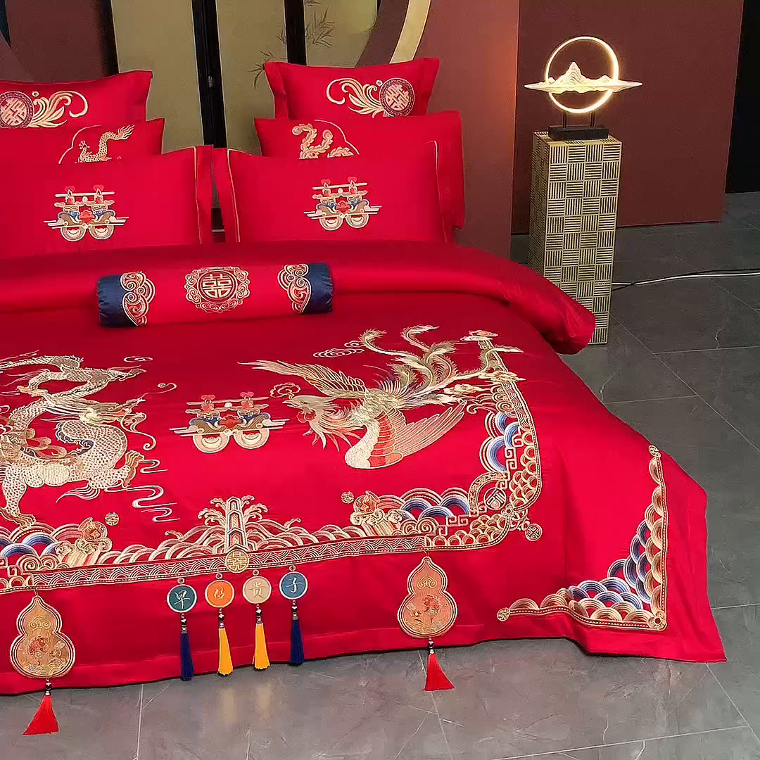 91家纺网 家纺一手货源 找家纺 慕她家纺 2026慕她大花工艺款全棉纯棉婚庆四件套大红色刺绣结婚床上用品 名门龙凤