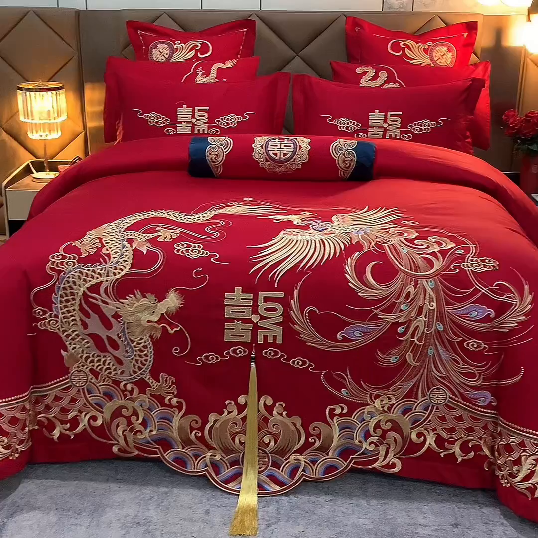 91家纺网 家纺一手货源 找家纺 慕她家纺 2026慕她大花工艺款全棉纯棉婚庆四件套大红色刺绣结婚床上用品 龙凤佳缘